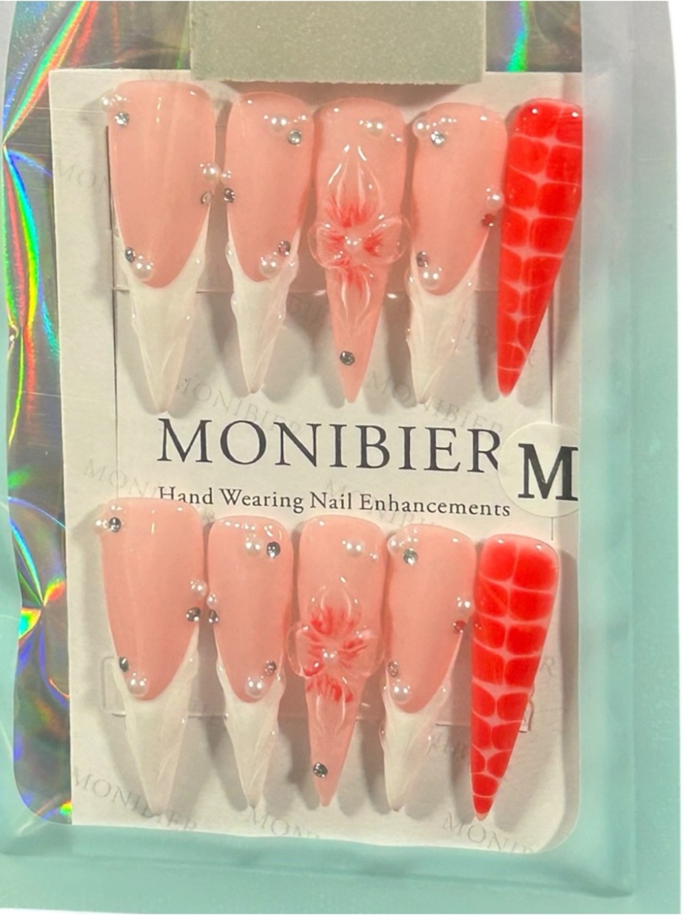 Coquette Peach Nude Press On Nails Red Accent Rhinestone 3D Floral Almond Glam